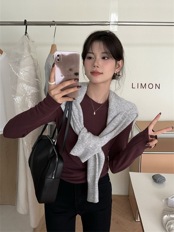 高弹软糯灰色圆领长袖正肩打底衫女秋冬感内搭打底T恤女上衣|undefined