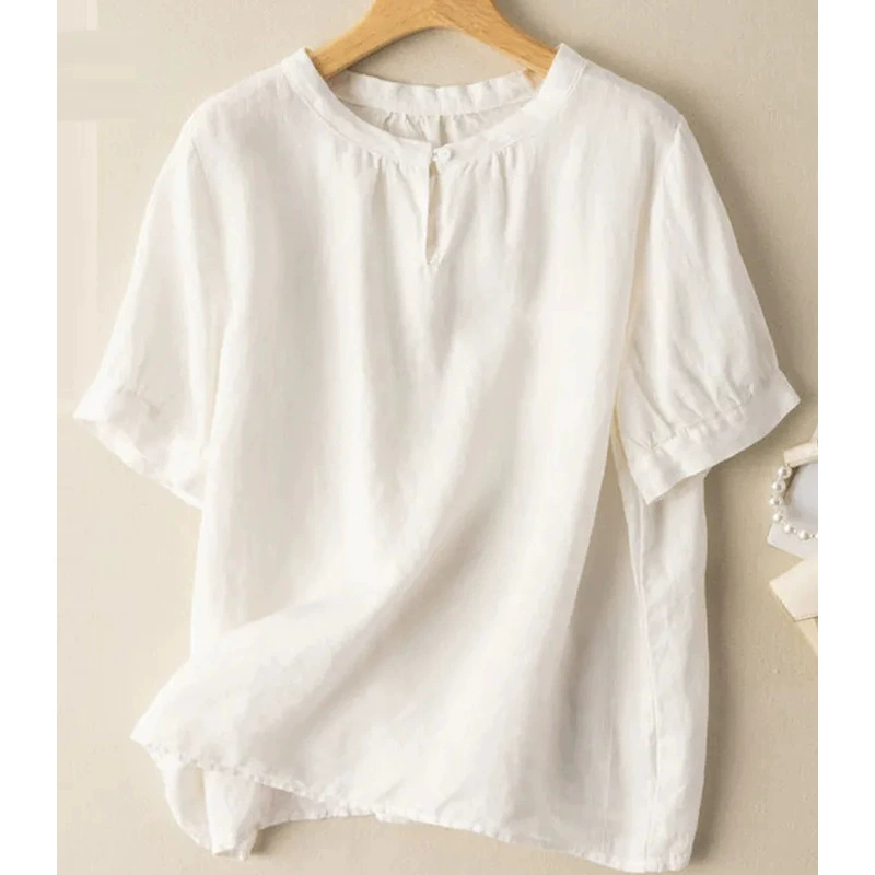 Женская литературная повседневная рубашка большого размера из хлопка и льна с короткими рукавами, летняя однотонная универсальная свободная футболка с круглым вырезом для похудения
