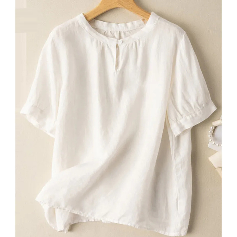 Women's Artistic plus size Casual Cotton and Linen Short-sleeved Shirt Summer Solid Color All-match Loose Slimming Design Crewneck T-shirt