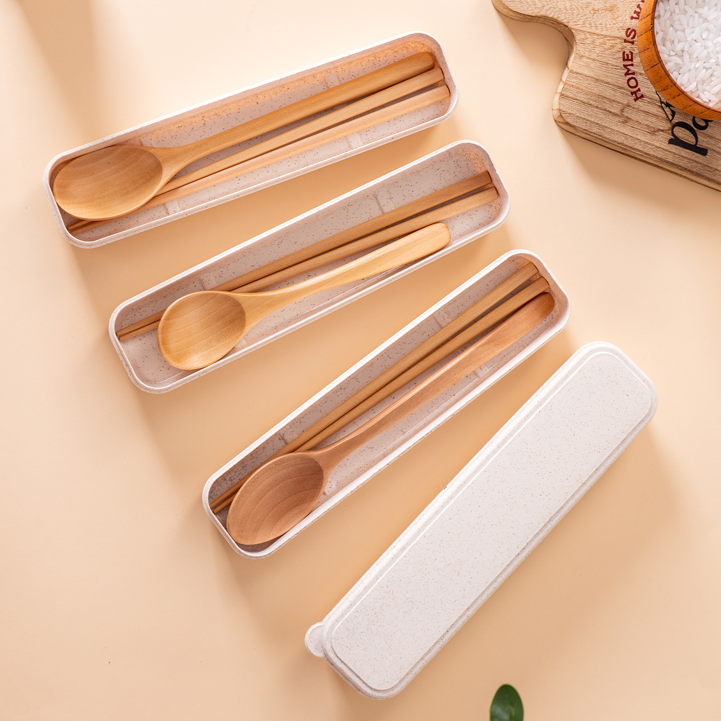 Almuerzo de cuello blanco de estilo simple, caja de almacenamiento portátil, cuchara de madera, palillos de madera, viaje de estudiante al aire libre, traje de cuchara, palillos y tenedor