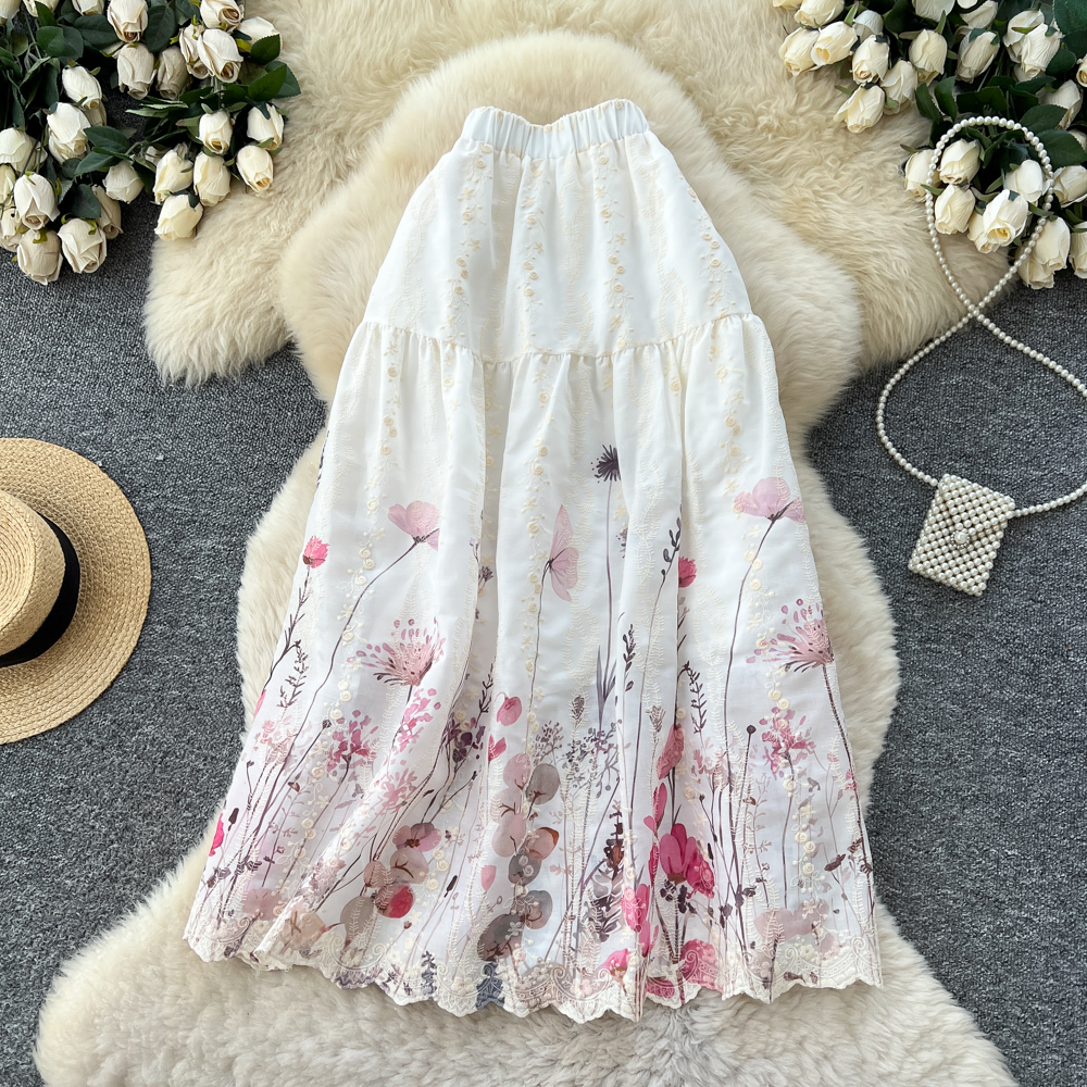 Women's French Sweet Style Floral Print Patchwork A-Line Midi Skirt High Waist Slimming mid Length Summer Fairy like Cake Skirt_ecoleips.com