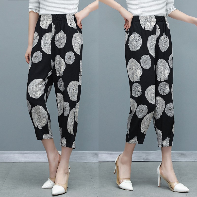 Spring and summer cotton printed casual pants ethnic style middle-aged and elderly women's pants wholesale with pockets mother's cropped pants