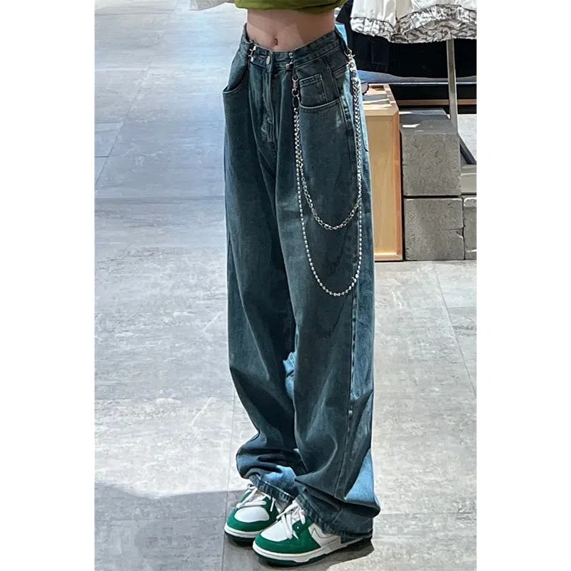 美式直筒牛仔褲女秋季2025年新款高腰顯瘦設計感寬鬆闊腿拖地褲子