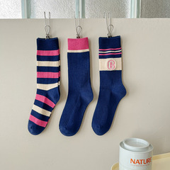 秋冬新款襪子女韓版小眾拼色堆堆襪中筒潮流歐貨雙針女襪棉批發