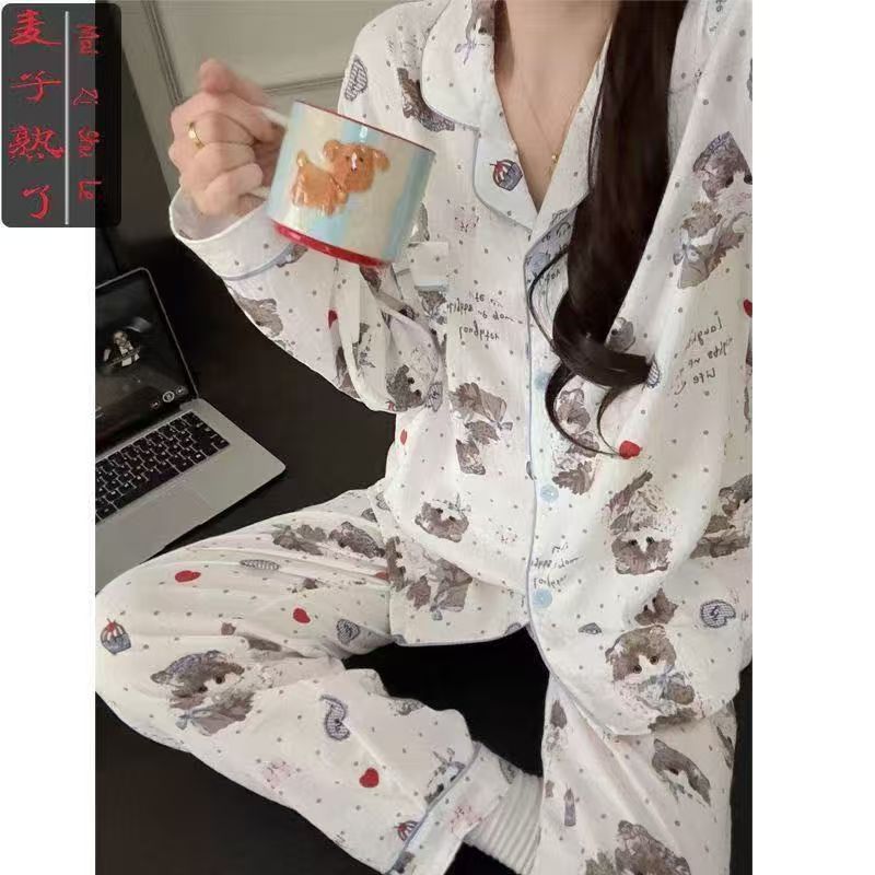 Al por mayor transfronterizo primavera y otoño dulce dibujos animados nubes de algodón pantalones de manga larga pijamas cardigans con solapa cubierta de ropa para el hogar