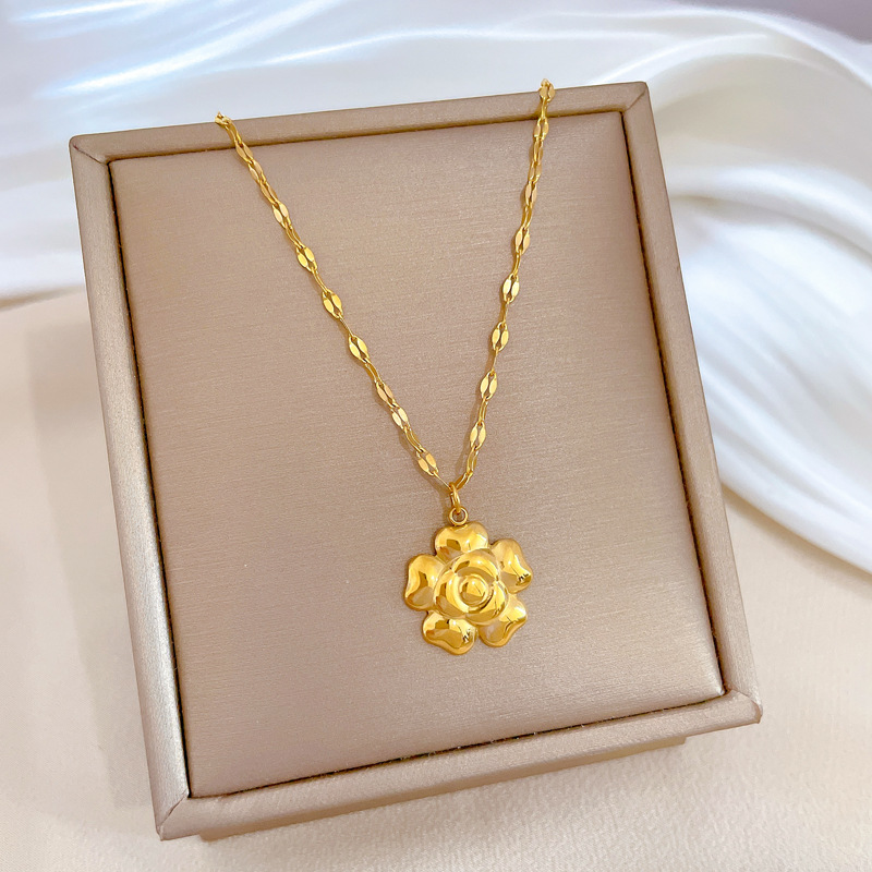 Lady Flower Titanium Steel Gold Plated Pendant Necklace