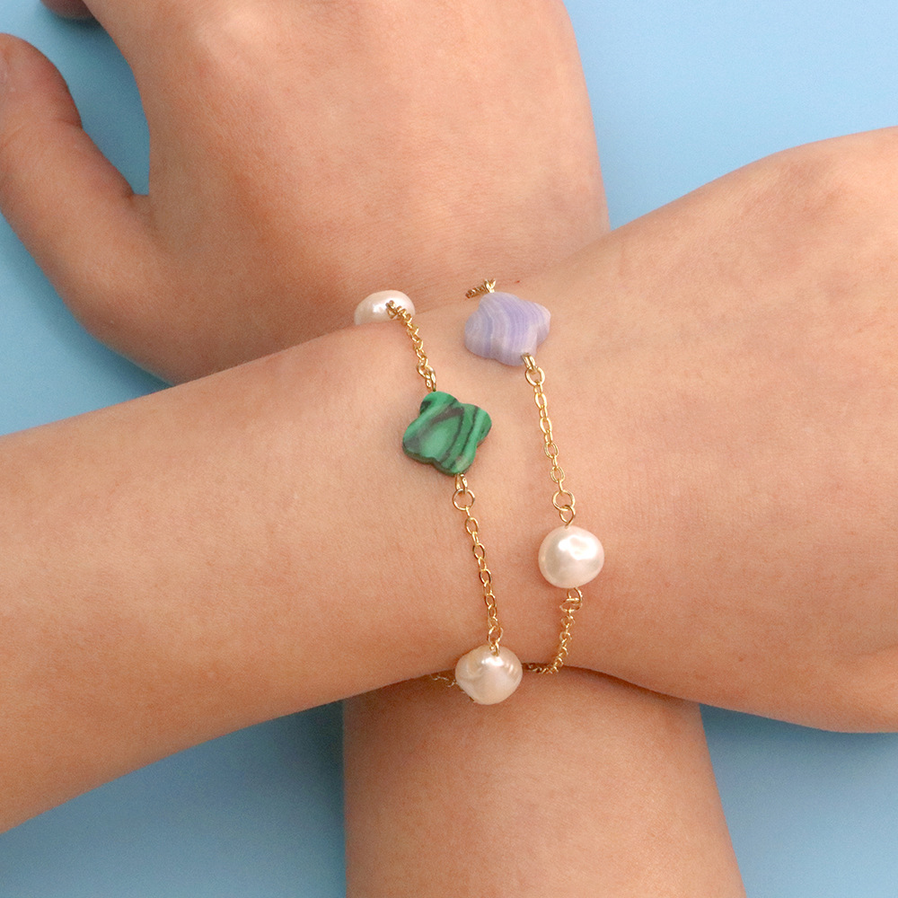 Fashion Four Leaf Clover Copper Pearl Bracelets Earrings Necklace