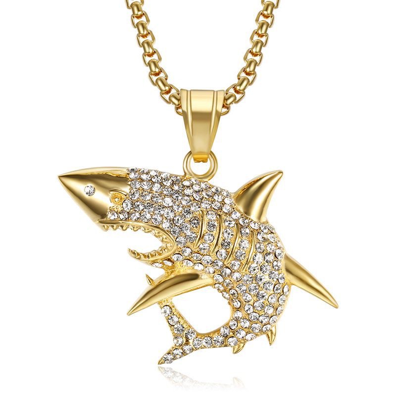 Rhinestones Inlay Material Titanium Steel Chain Material 1 Piece Quantity Hip-Hop Shark Titanium Steel Plating Rhinestones 18K Gold Plated Men's
