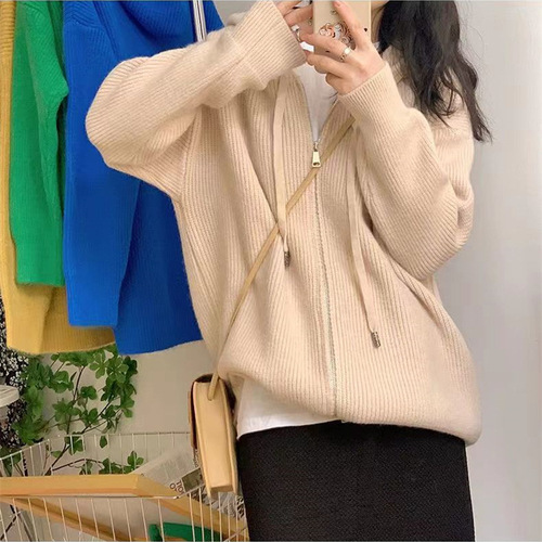 纯色编织格纹毛衣外套女慵懒风短款宽松早秋外穿上衣女士针织开衫详情22