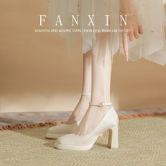 女性用防水プラットフォームハイヒール、太いヒール、サテンメリージェーン、2024年春、スクエアトゥ、ワンラインバックルウェディングシューズ
