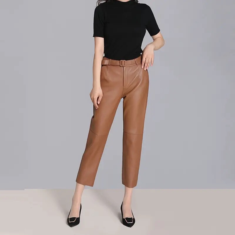 2025 Casual Sheepskin Women's Genuine Leather Pants Slim Fit Straight-Leg Pants Cropped Pants High-Waisted Slimming
