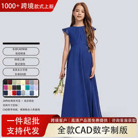 跨境亚马逊中大儿童晚礼服女花童装 A字圆领长款雪纺小伴娘裙外贸