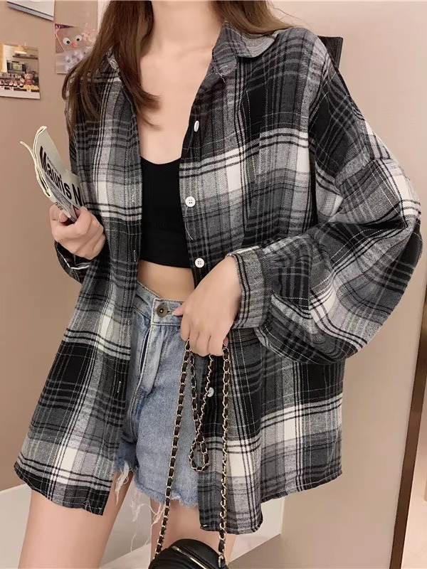 美式复古长袖格子衬衫外套女款2025新款夏款小众宽松衬衣外穿上衣|undefined