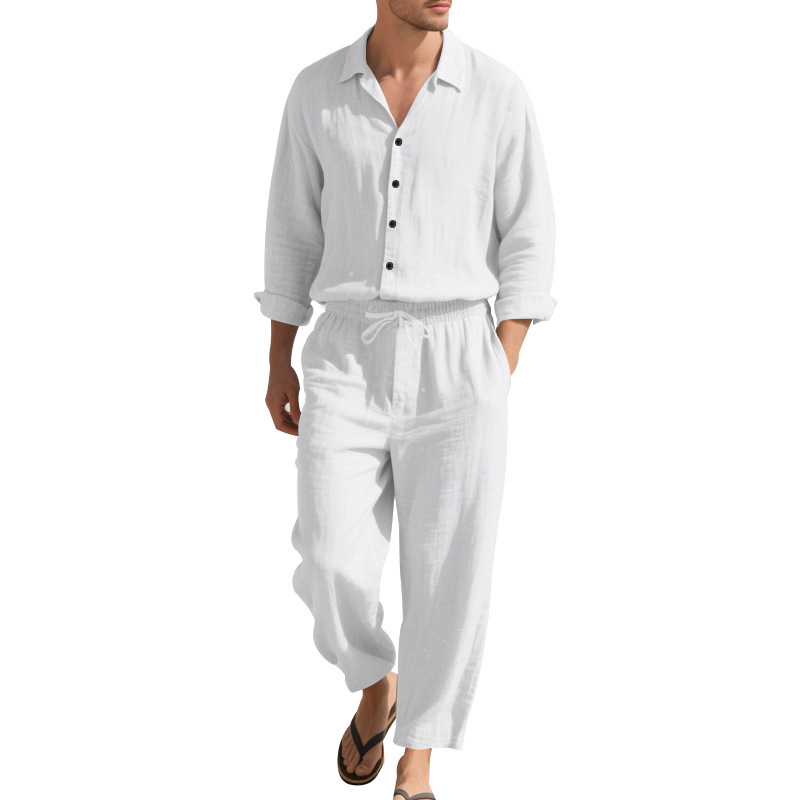 Estación independiente transfronteriza American Four Seasons Lino casual para hombres Playa suelta Protector solar Camisa de manga larga Traje de pantalón