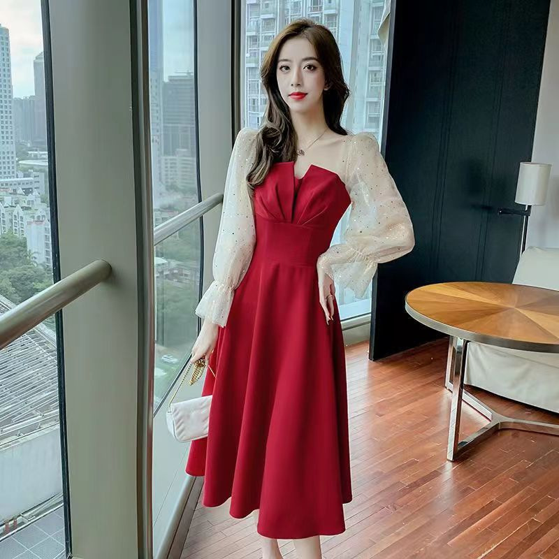 High-end French Elegant Red dress Women's 2024 Spring and Autumn Toasting Dress Bride's Engagement Dress