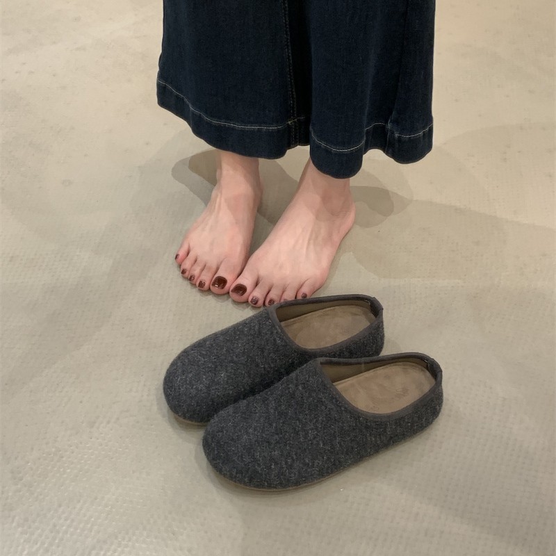 厚底呢子面勃肯鞋一脚蹬半托单鞋女鞋子2025秋冬包头半拖鞋博肯鞋|undefined