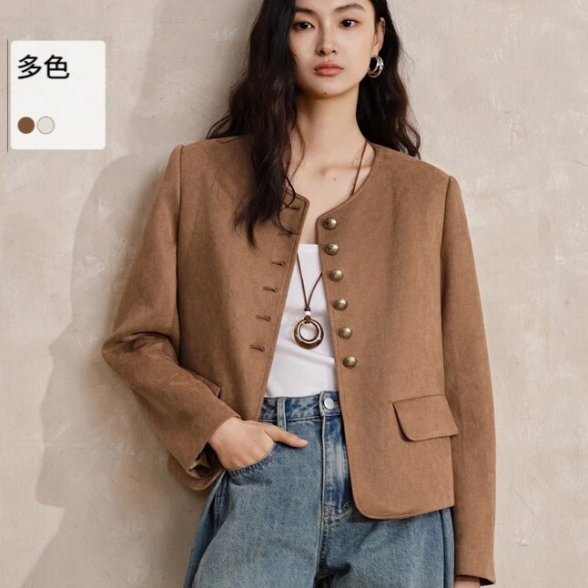 温柔生长仿麂皮绒短外套2025女秋新款亲肤圆领小香风质感上衣|undefined