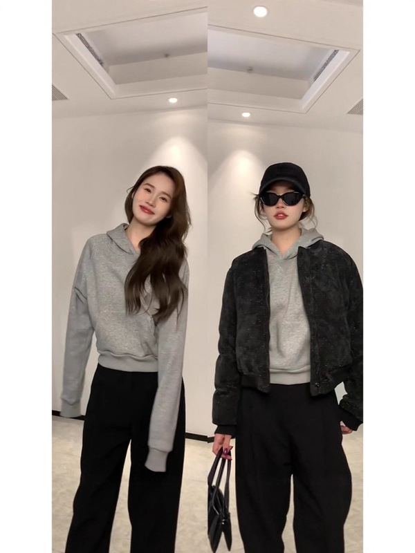 灰色短款连帽卫衣女秋季正肩显瘦修身2025新款小个子初秋穿搭即墨|undefined