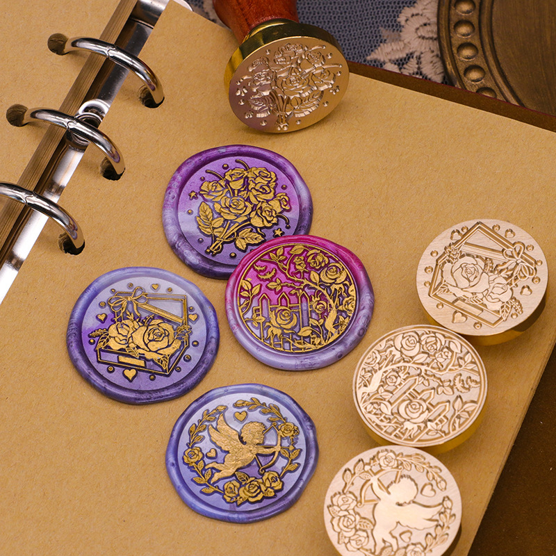 Cabezal de sello de pintura de fuego europea, serie de jardín de rosas, pintura de fuego, cabeza de cobre, sobre, cera de sellado, producto terminado, cabezal de impresión de imagen listo