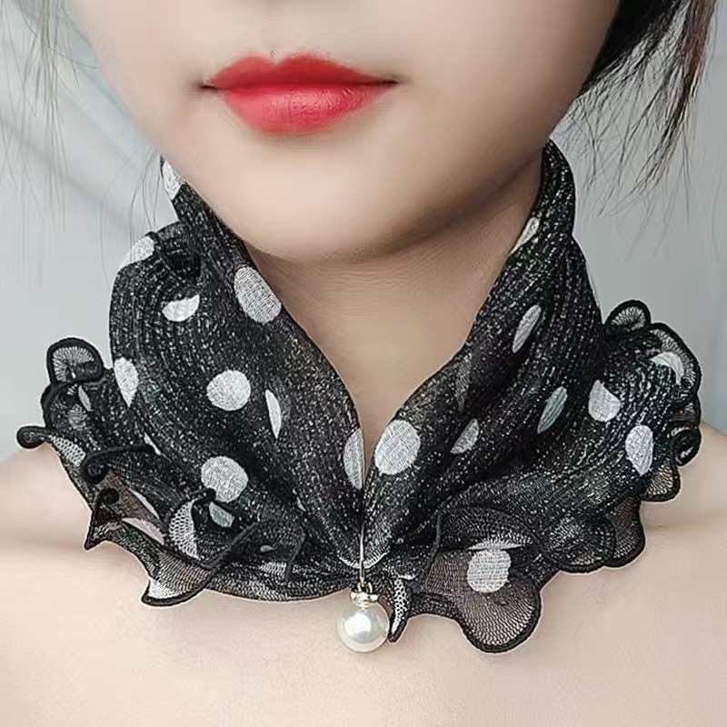 매달린 구슬 메쉬 스카프 - 흰색 점이 있는 검정색 배경