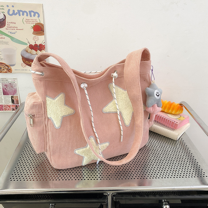 Large Capacity corduroy commuter student cute shoulder messenger bag ins five-pointed star corduroy tote messenger bag