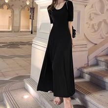 莫代尔黑色大摆长款连衣裙2023春夏季新款复古法式显瘦收腰长裙子