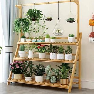 Outdoor Bamboo Flower Stand for Living Room Balcony, Solid Wood Storage Rack for Succulents, Outdoor Kindergarten Shelf, Hanging Orchid Plant Corner