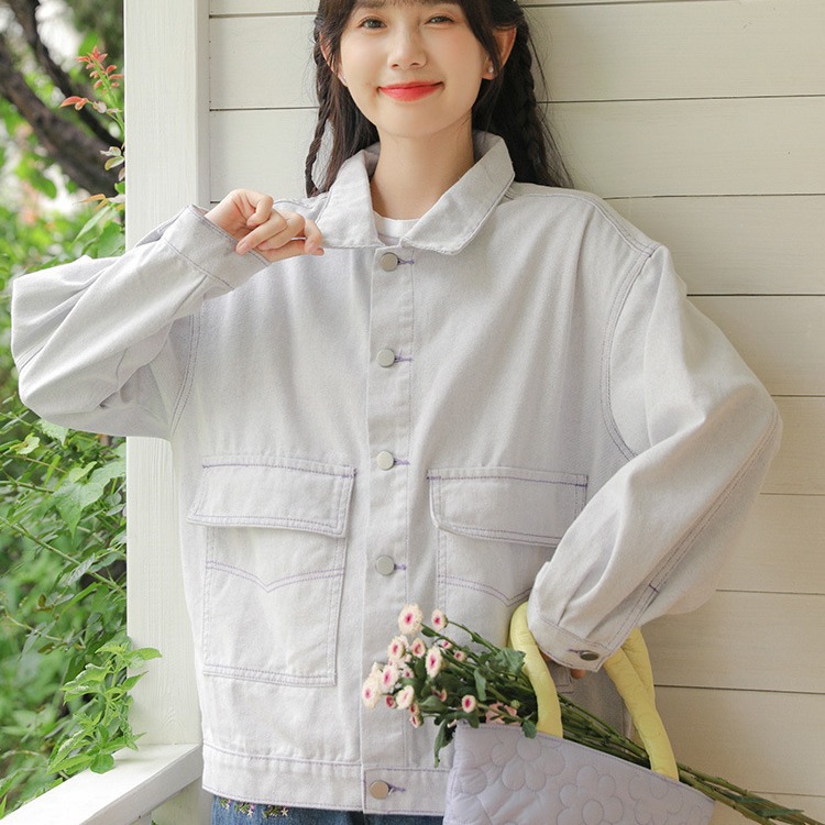 Spring Korean Workwear Hong Kong Style Denim Jacket Women's Loose Simple Topstitch Design Pocket Jacket