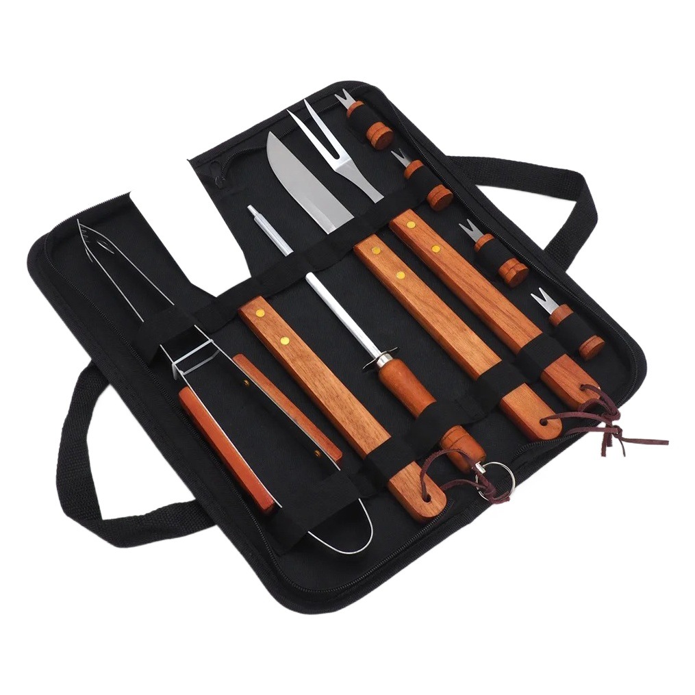 Amazon acero inoxidable mango de madera parrilla set de herramientas de bebida salvaje al aire libre BBQ casa parrilla combinación set de bolsa de tela