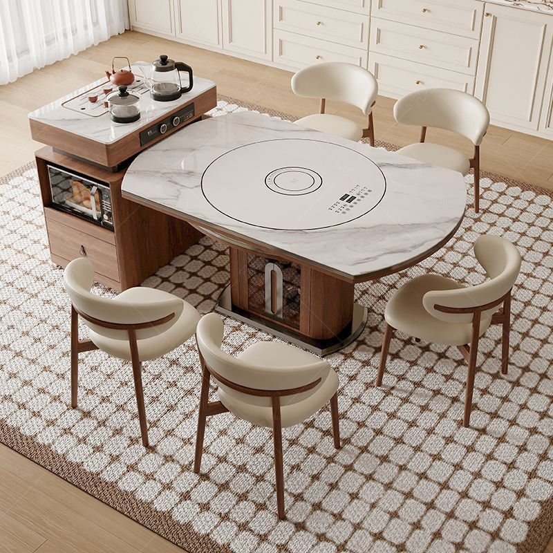 Medieval Style Island Table Dining Table Integrated Home New 2025 Retractable Slate Solid Wood Round Table Smart Warming Dish Turntable