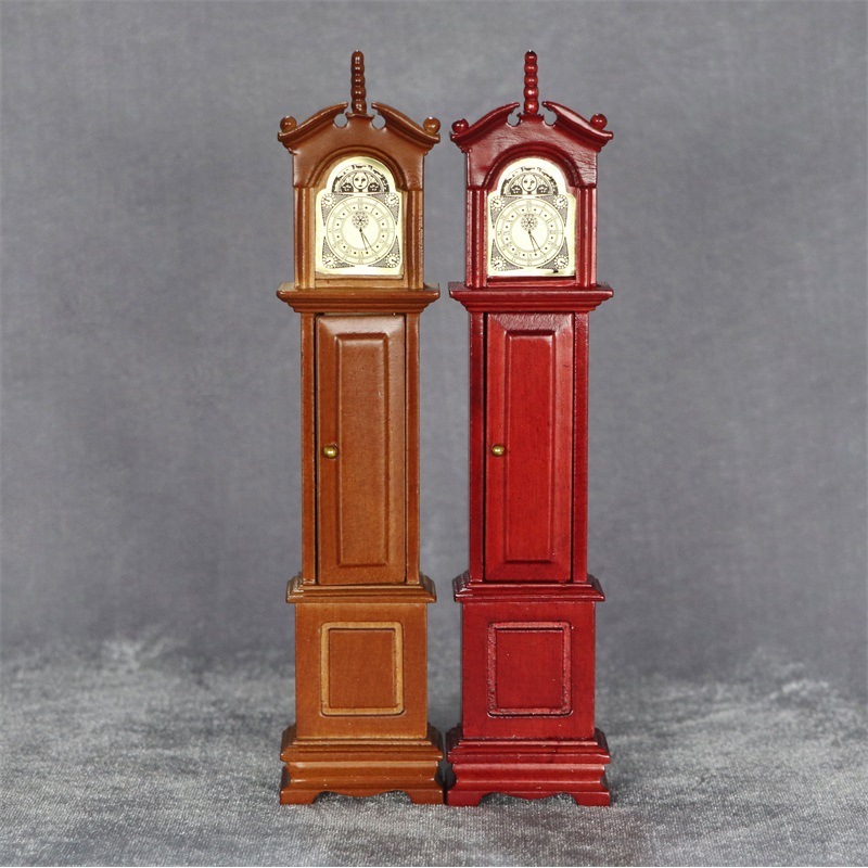 1:12娃娃屋dollhouse迷你家具复古场景摆件实木棕色老爷钟落地钟