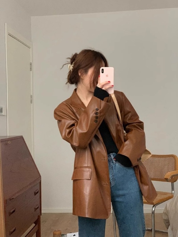 美拉德棕色西装皮衣外套女秋季2025新款港风复古宽松休闲西服上衣|undefined