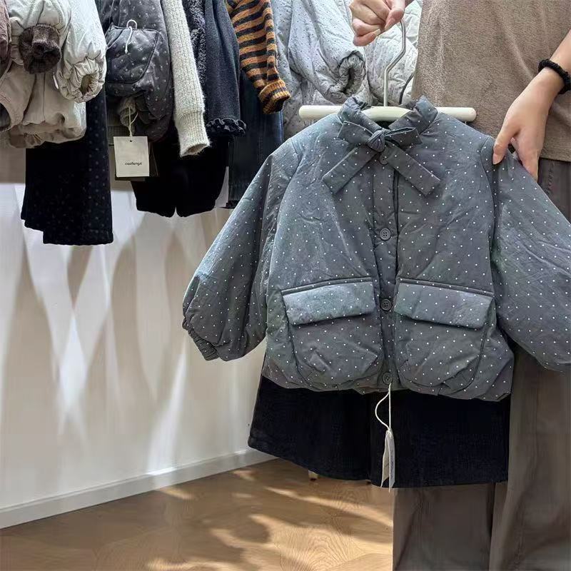 女童冬装加绒波点外套棉服女孩韩系休闲夹棉外套洋气百搭上衣