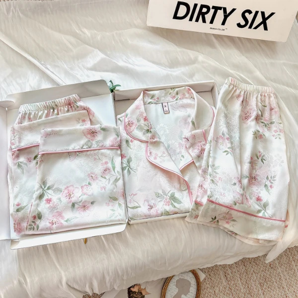 Da Vinci Code Imported Niche Designer Light Luxury Trendy Brand Ice Silk Printed Pajamas Women's Three-Piece Set Spring Thin