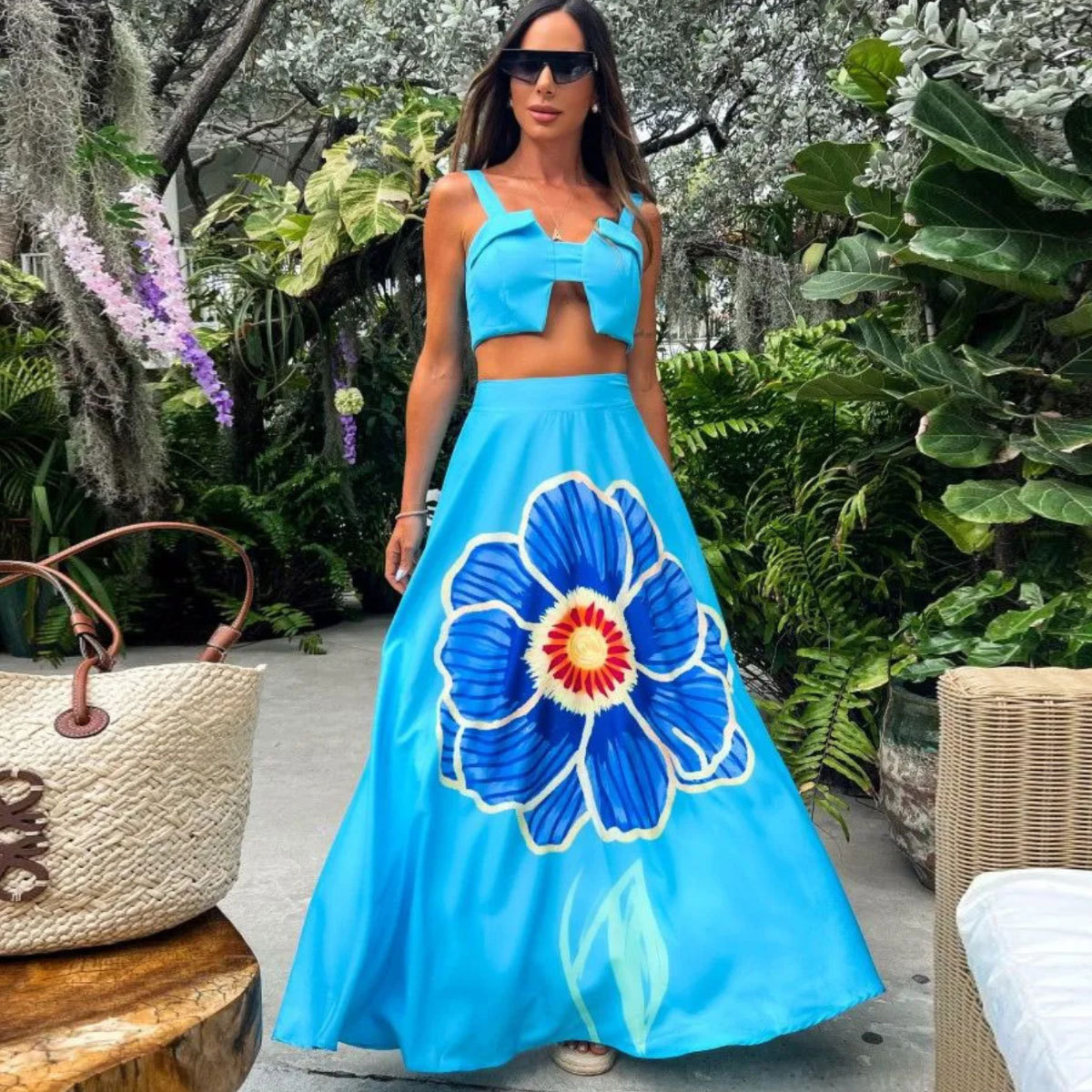 345g Weight Sleeveless Sleeve Length Holiday Women's Vacation Flower Cotton Skirt Co-ord Set Skirt Sets