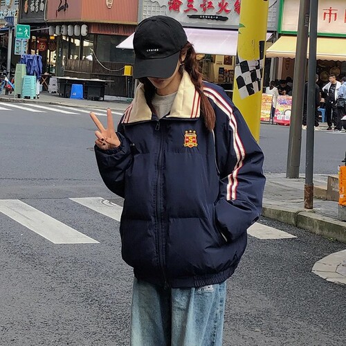 Women's winter loose and thick striped turtleneck down cotton coat, bread coat cotton garment, Korean style outerwear, trendy