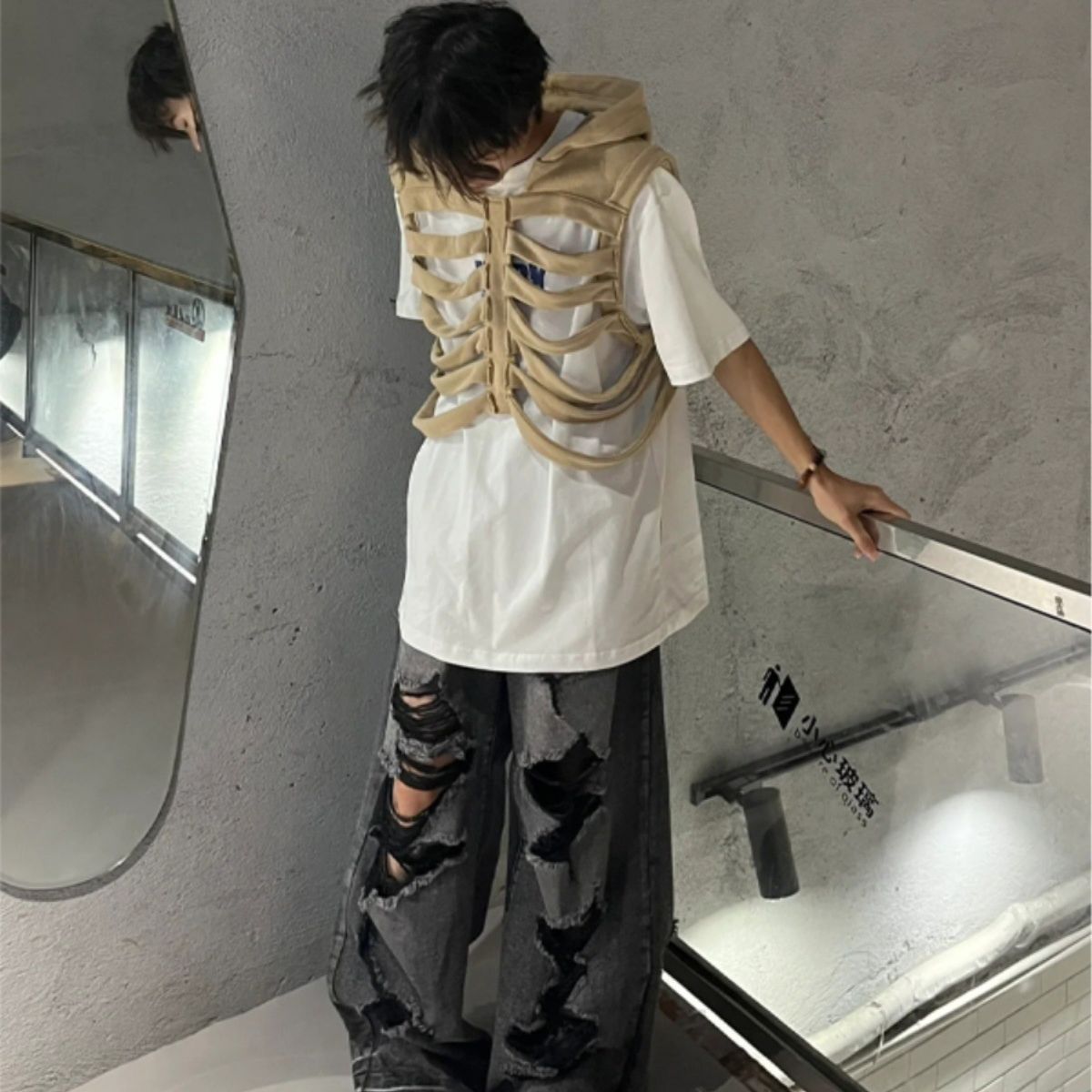 Cráneo costilla chaleco hombres otoño diseño sentido nicho moda marca pu shuai frito calle chaleco americano sin mangas con capucha chaleco