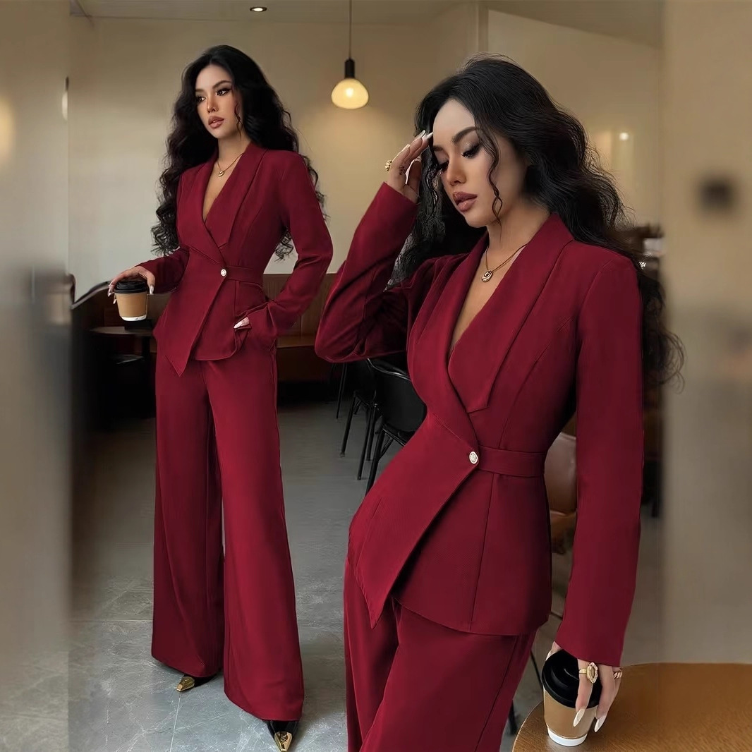 European American Women's Fashion Spring Autumn Casual Suit, Ladies' Solid Color V-neck Long Blazer And Wide-leg Pants_ecoleips.com