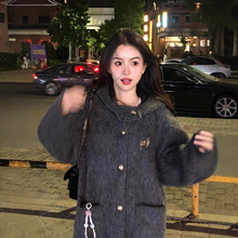 2025韩系连帽毛呢灰色高级小个子秋冬季外套呢子大衣新款宽松上衣