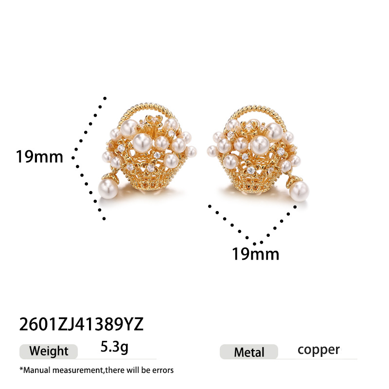 Europa y América retro estilo francés de alto nivel de nicho de diseño de viaje universal zircon perla canasta pendientes para mujeres image 7