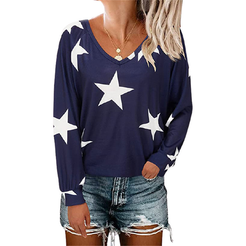Five-Pointed Star Printed V-Neck Long-Sleeved T-Shirt NSYHY106385