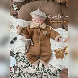 北欧风婴儿衣服冬装新款加绒外出连体衣宝宝两面穿加厚保暖爬爬服