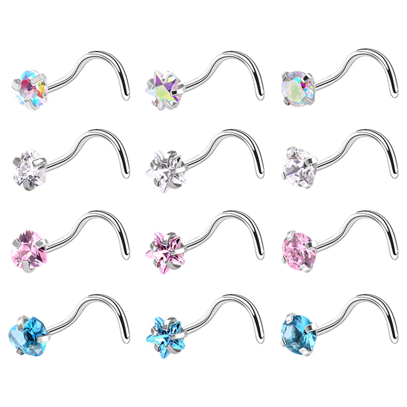 European American Classic Stainless Steel Zircon Nose Nail Star Right Angle Titanium Steel Nose Piercing Jewelry detail image 9
