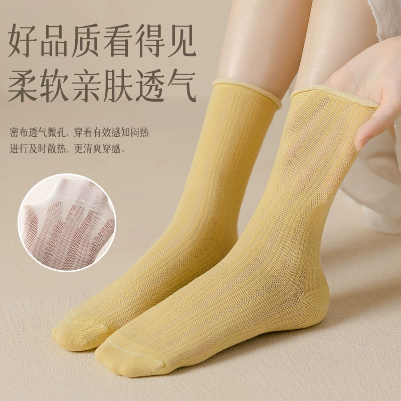 Summer thin breathable black cotton knee socks, mid-length