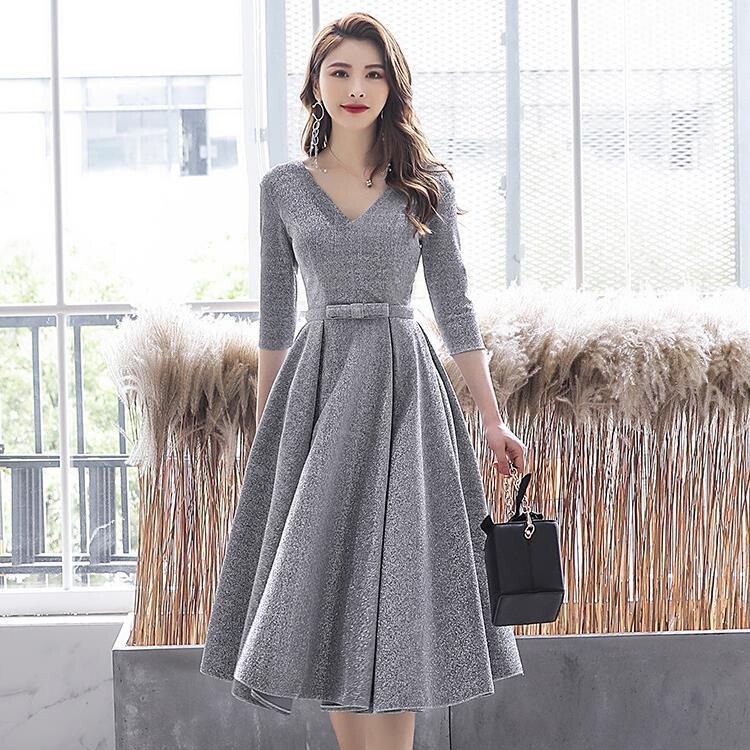 Silver Gray Small Evening Dress for Women 2025 Summer New Banquet Elegant Mid-Length Birthday Dress Can Be Worn at Ordinary Times