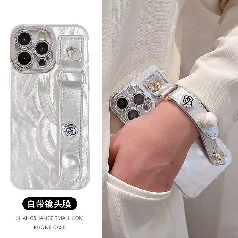 Pulsera de perlas de hilo de plumas plateada simple para iphone14 Apple 16ProMax funda para teléfono móvil 15 femenino 13 diagonal