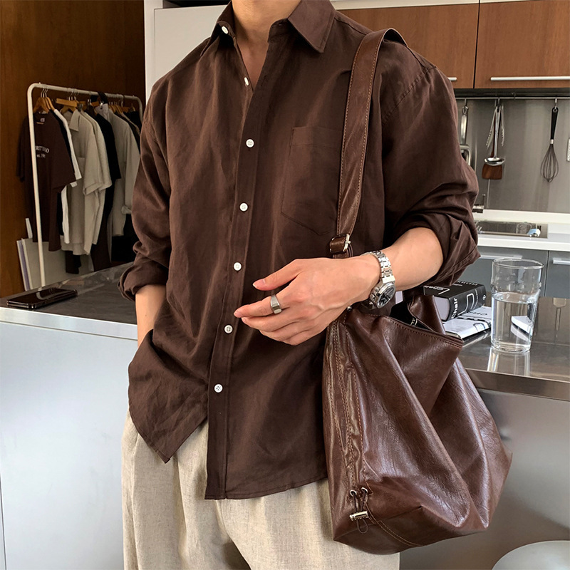 Cotton and Linen Long-Sleeved Shirt for Men, Spring and Autumn Korean Style Trendy and Stylish Versatile Solid Color Jacket, Maillard Brown Shirt