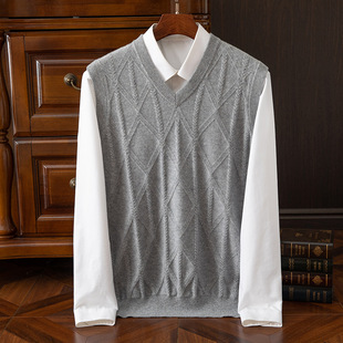 100 Cashmere Sweater Vest Men's Autumn and Winter Knitted Loose V-neck Vest Diamond Sleeveless Sweater Waistcoat