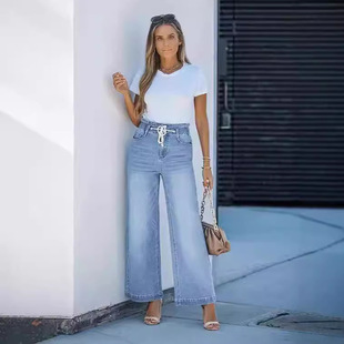 2024 Amazon European and American Women's Wide Leg Jeans High-elastic Waist Flared Pants Loose Y2K Pants Women