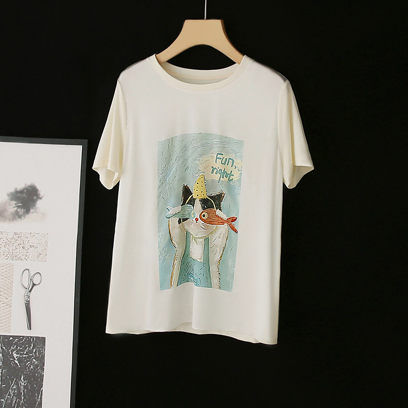It Feels Great on the Body! Silk and Cotton Blend = Comfortable, Sweat-Absorbent, Breathable~ Printed Straight-Cut Round-Neck Short-Sleeve T-Shirt for Women